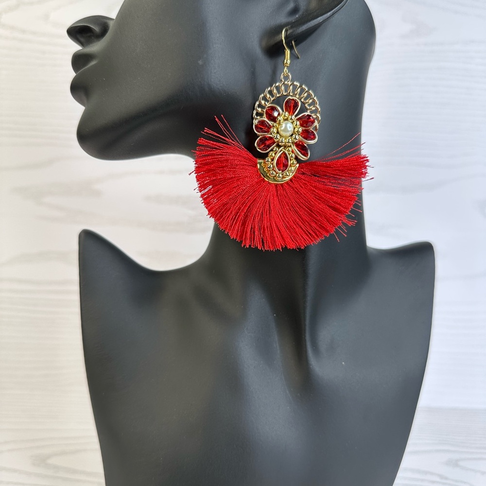 New handmade Elegant‎ Red and gold Tassel Earrings 14k gold platted